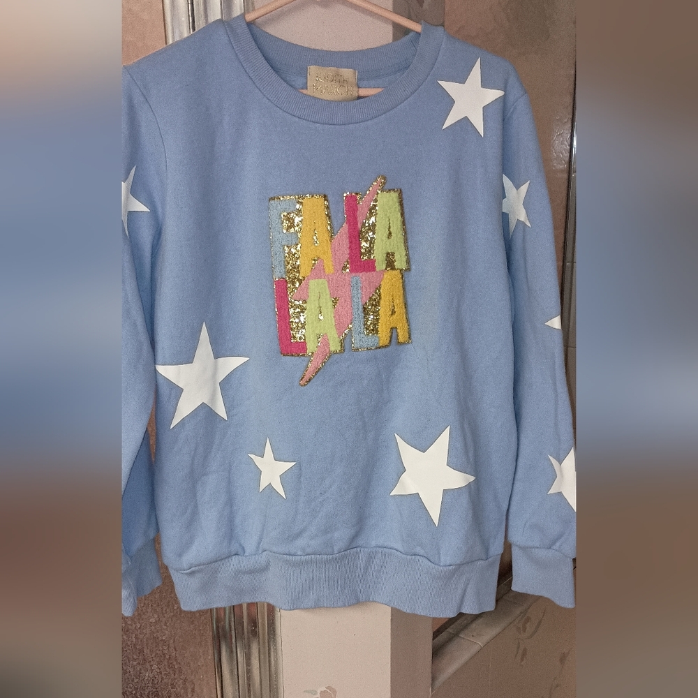 Judith March Blue Sweatshirt XL FA LA LA LA  with Star Accents Chritmas Holiday